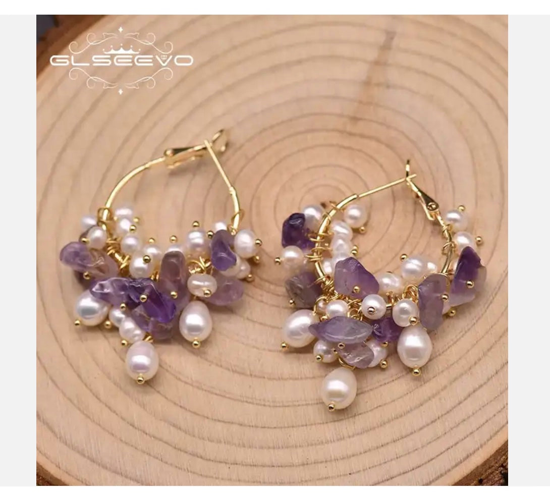 Purple violet fresh pearls hand made earrings